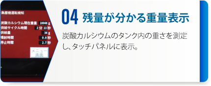 04：残量が分かる重量表示　炭酸カルシウムのタンク内の重さを測定しタッチパネルに表示。