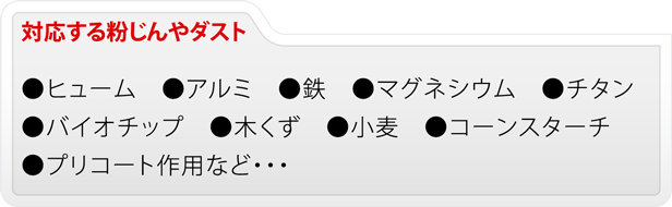対応する粉じんやダスト：・ヒューム・アルミ・鉄・マグネシウム・チタン・バイオチップ・木くず・小麦・コーンスターチ・プリコート作用など